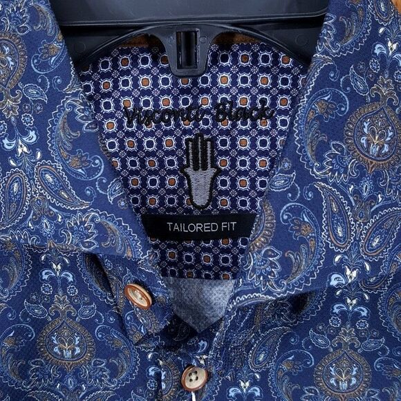LUCHIANO VISCONTI BLACK Mens Shirt Small Navy Paisley Medallion Tailored Fit - Picture 2 of 7